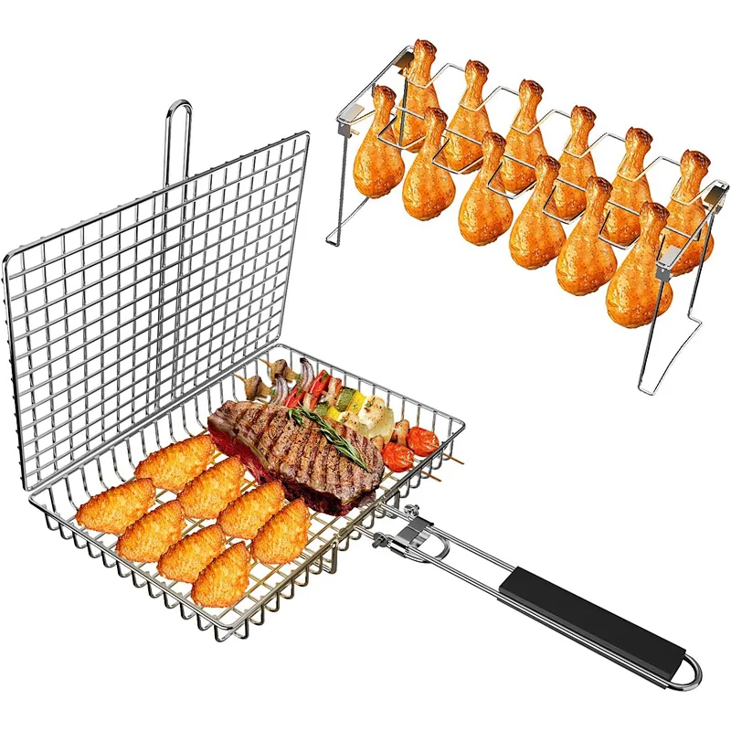Grill Basket and Grill Rack Stainless Steel Fish Grilling Basket